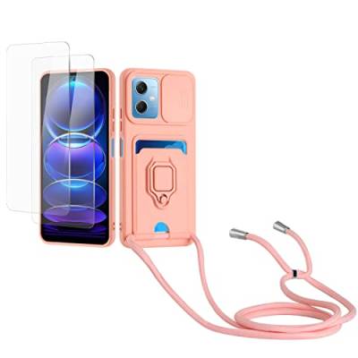 Kaslly Case für Redmi Note 12 5G/Xiaomi Poco X5 Handykette Hülle+[2 Schutzfolie Glas],Slide kameraschutz,Silikon Handyhülle zum Umhängen Kette,Kartenfach-Rosa von Kaslly