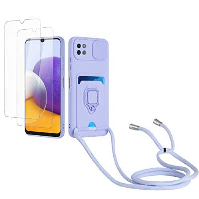 Kaslly Case für Samsung Galaxy A22 5G Handykette Hülle+[2 Schutzfolie Glas],Slide kameraschutz,Silikon Handyhülle zum Umhängen Kette,Kartenfach-Violett von Kaslly