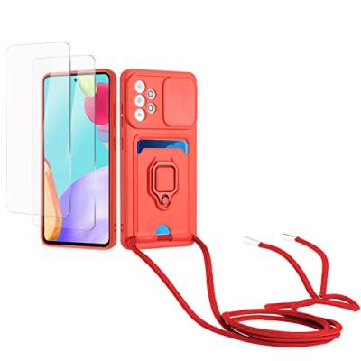 Kaslly Case für Samsung Galaxy A33 5G(2022) Handykette Hülle+[2 Schutzfolie Glas],Slide kameraschutz,Silikon Handyhülle zum Umhängen Kette,Kartenfach-rot von Kaslly