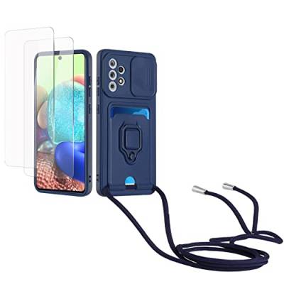 Kaslly Case für Samsung Galaxy A52 4G/5G/A52S 5G Handykette Hülle+[2 Schutzfolie Glas],Slide kameraschutz,Silikon Handyhülle zum Umhängen Kette,Kartenfach-Navy blau von Kaslly