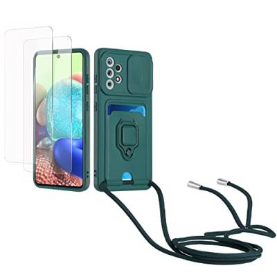 Kaslly Case für Samsung Galaxy A52 4G/5G/A52S 5G Handykette Hülle+[2 Schutzfolie Glas],Slide kameraschutz,Silikon Handyhülle zum Umhängen Kette,Kartenfach-dunkelgrün von Kaslly