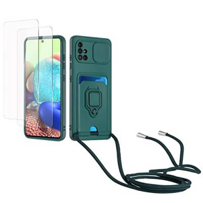 Kaslly Case für Samsung Galaxy A71 4G Handykette Hülle+[2 Schutzfolie Glas],Slide kameraschutz,Silikon Handyhülle zum Umhängen Kette,Kartenfach-dunkelgrün von Kaslly