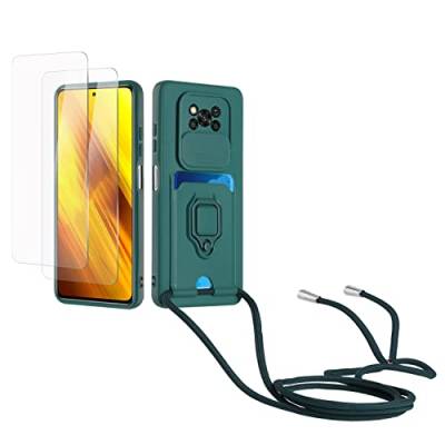 Kaslly Case für Xiaomi Poco X3/X3 Pro/X3 NFC Handykette Hülle+[2 Schutzfolie Glas],Slide kameraschutz,Silikon Handyhülle zum Umhängen Kette,Kartenfach-dunkelgrün von Kaslly