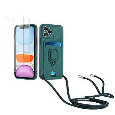 Kaslly Case für iPhone 11 Pro Handykette Hülle+[2 Schutzfolie Glas],Slide kameraschutz,Silikon Handyhülle zum Umhängen Kette,Kartenfach-dunkelgrün von Kaslly