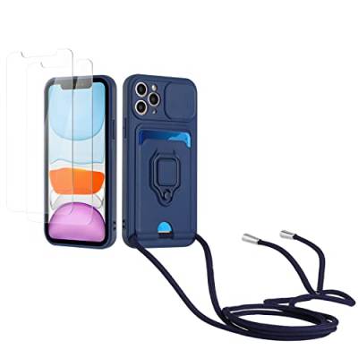 Kaslly Case für iPhone 11 Pro Max Handykette Hülle+[2 Schutzfolie Glas],Slide kameraschutz,Silikon Handyhülle zum Umhängen Kette,Kartenfach-Navy blau von Kaslly