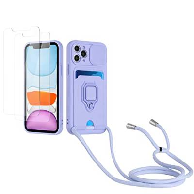 Kaslly Case für iPhone 11 Pro Max Handykette Hülle+[2 Schutzfolie Glas],Slide kameraschutz,Silikon Handyhülle zum Umhängen Kette,Kartenfach-Violett von Kaslly