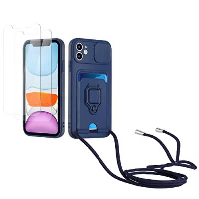 Kaslly Case für iPhone 12/iPhone 12 Pro Handykette Hülle+[2 Schutzfolie Glas],Slide kameraschutz,Silikon Handyhülle zum Umhängen Kette,Kartenfach-Navy blau von Kaslly