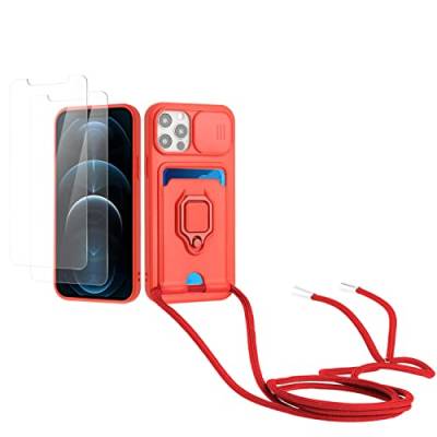 Kaslly Case für iPhone 12/iPhone 12 Pro Handykette Hülle+[2 Schutzfolie Glas],Slide kameraschutz,Silikon Handyhülle zum Umhängen Kette,Kartenfach-rot von Kaslly