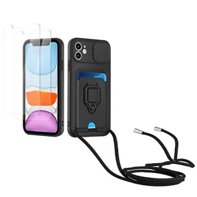 Kaslly Case für iPhone 12 Pro Max Handykette Hülle+[2 Schutzfolie Glas],Slide kameraschutz,Silikon Handyhülle zum Umhängen Kette,Kartenfach-Schwarz von Kaslly
