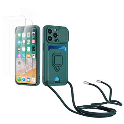Kaslly Case für iPhone 13 Pro Max Handykette Hülle+[2 Schutzfolie Glas],Slide kameraschutz,Silikon Handyhülle zum Umhängen Kette,Kartenfach-dunkelgrün von Kaslly