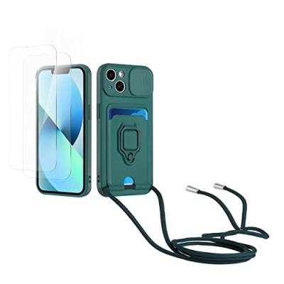 Kaslly Case für iPhone 14 Handykette Hülle+[2 Schutzfolie Glas],Slide kameraschutz,Silikon Handyhülle zum Umhängen Kette,Kartenfach-dunkelgrün von Kaslly