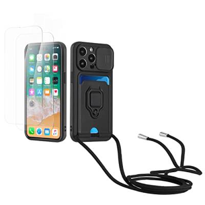 Kaslly Case für iPhone 14 Pro Handykette Hülle+[2 Schutzfolie Glas],Slide kameraschutz,Silikon Handyhülle zum Umhängen Kette,Kartenfach-Schwarz von Kaslly