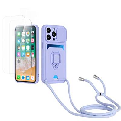 Kaslly Case für iPhone 14 Pro Max Handykette Hülle+[2 Schutzfolie Glas],Slide kameraschutz,Silikon Handyhülle zum Umhängen Kette,Kartenfach-Violett von Kaslly
