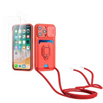 Kaslly Case für iPhone 14 Pro Max Handykette Hülle+[2 Schutzfolie Glas],Slide kameraschutz,Silikon Handyhülle zum Umhängen Kette,Kartenfach-rot von Kaslly