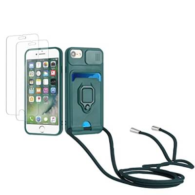 Kaslly Case für iPhone 6/6S/7/8/SE 2020 Handykette Hülle+[2 Schutzfolie Glas],Slide kameraschutz,Silikon Handyhülle zum Umhängen Kette,Kartenfach-dunkelgrün von Kaslly