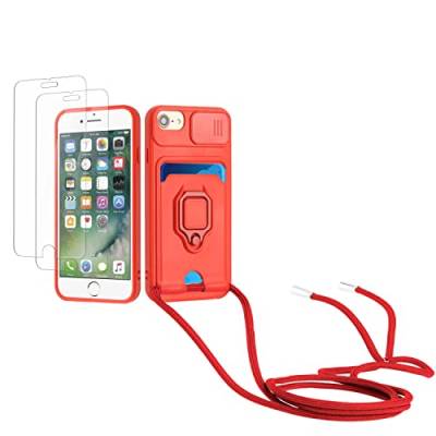 Kaslly Case für iPhone 6/6S/7/8/SE 2020 Handykette Hülle+[2 Schutzfolie Glas],Slide kameraschutz,Silikon Handyhülle zum Umhängen Kette,Kartenfach-rot von Kaslly