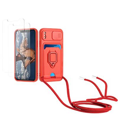 Kaslly Case für iPhone X/XS Handykette Hülle+[2 Schutzfolie Glas],Slide kameraschutz,Silikon Handyhülle zum Umhängen Kette,Kartenfach-rot von Kaslly