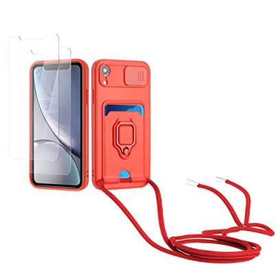 Kaslly Schutzhülle mit Kordel für iPhone XR + 2 Displayschutzfolien, TPU-Silikonhülle mit Kartenfach, verschiebbare Kameraabdeckung, doppelseitiger Schutz, Rot von Kaslly
