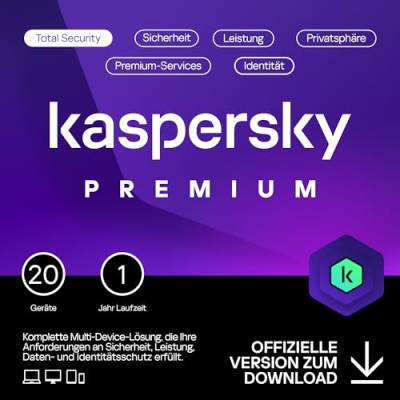 Kaspersky Premium Total Security 2024 | 20 Geräte | 1 Jahr | Anti-Phishing und Firewall | Unbegrenzter VPN | Passwort-Manager | Kindersicherung | 24/7 Unterstützung | PC/Mac/Mobile | Code per Email von Kaspersky
