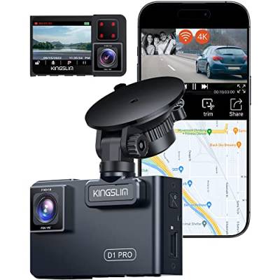Kingslim D1 pro 4K Dashcam mit GPS WiFi– Dual Autokamera Vorne Innen 1080P Infrarot Nachtsicht, 170° Weitwinkelobjektiv, Parküberwachung und G-Sensor, Max 128 GB von Kingslim