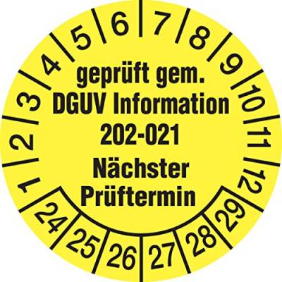 Dreifke® Aufkleber Prüfplakette, DGUV Information 202-021 Nächster Prüftermin, gelb/schwarz, Ø 30mm - Bogen = 10 Stk. Folie selbstklebend Gelb AufdruckSchwarz 3 von König Werbeanlagen