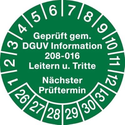 Dreifke® Aufkleber Prüfplakette, DGUV Information 208-016 Nächster Prüftermin, grün/weiß, Ø 30 mm - Bogen = 10 Stk. Folie selbstklebend Grün AufdruckWeiß 3 von König Werbeanlagen