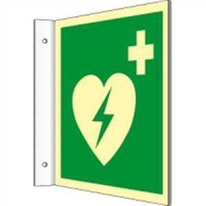 Fahnenschild Automatisierter externer Defibrillator (AED) HIGHLIGHT PVC 20 x 20cm mit 2 Bohrungen à 3 mm Ø Leuchtdichte: HIGHLIGHT 48 mcd/m² gemäß ISO 7010, E010 von König Werbeanlagen