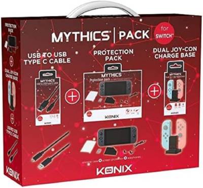 Konix Mythics Zubehörpaket für Nintendo Switch — Joy-Con-Controller-Ladestation, Displayschutzfolie aus gehärtetem Glas+USB-Kabel von Konix