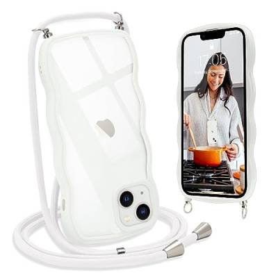 L-FADNUT Handykette für iPhone 13 Hülle mit Band, Silikon Wellen Rahmenform Handyhülle mit Kordel zum Umhängen, Transparent Schutzhülle Case für iPhone 13, Weiß von L-FADNUT