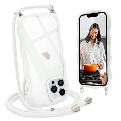 L-FADNUT Handykette für iPhone 13 Pro Max Hülle mit Band, Silikon Wellen Rahmenform Handyhülle mit Kordel zum Umhängen, Transparent Schutzhülle Case für iPhone 13 Pro Max, Weiß von L-FADNUT