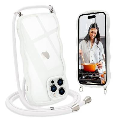 L-FADNUT Handykette für iPhone 15 Pro Hülle mit Band, Silikon Wellen Rahmenform Handyhülle mit Kordel zum Umhängen, Transparent Schutzhülle Case für iPhone 15 Pro, Weiß von L-FADNUT