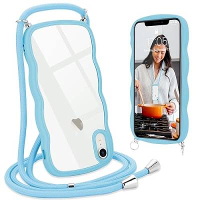 L-FADNUT Handykette für iPhone XR Hülle mit Band, Silikon Wellen Rahmenform Handyhülle mit Kordel zum Umhängen, Transparent Schutzhülle Case für iPhone XR, Blau von L-FADNUT
