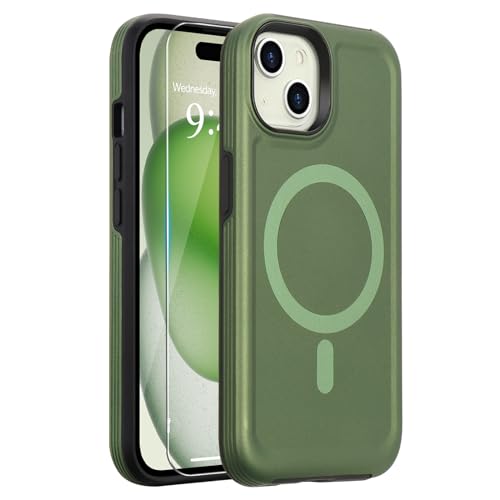 L-FADNUT Magnetisch für iPhone 15 Hülle, [Kompatibel mit Magsafe] [2 Stück Schutzfolie], Schutz in Militärqualität Handyhülle, Stoßfest Schutzhülle Case für iPhone 15, Grün von L-FADNUT