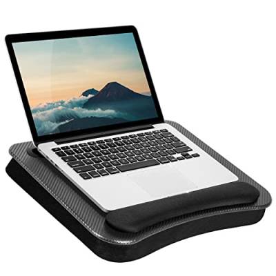 LAPGEAR Schoßschreibtisch aus Memory-Schaum mit Handgelenkauflage und Medien-Schlitz, mittelgroß, Schwarz, Carbon, passend für Laptops bis zu 39,6 cm (15,6 Zoll) und die meisten Tablet-Geräte, Stil von LAPGEAR