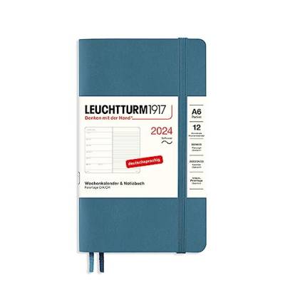 LEUCHTTURM1917 367801 Wochenkalender & Notizbuch Pocket (A6) 2024, Softcover, Stone Blue, Deutsch, 12 Monate von LEUCHTTURM1917