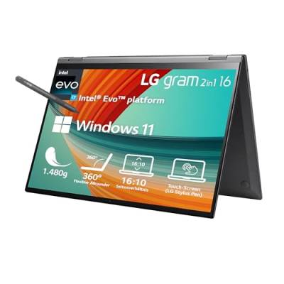 2023 LG gram 16" Ultralight 2-in-1 Convertible Notebook & Tablet 1.480g | Intel Core i7 | 16GB RAM | 1TB SSD | 16:10 IPS LCD Display mit Pen Touch, Thunderbolt 4 | Windows 11 | Mirametrix | Schwarz von LG Electronics