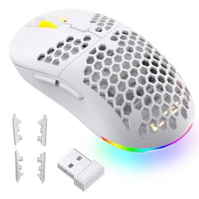 LTC Mosh Pit RGB Kabellose Gaming-Maus mit ultraleichtem Wabengehäuse,16.000 DPI einstellbar, ergonomische Form für Rechts- oder Linkshänder, komfortable 2,4G Mäuse für PC/Mac/Laptop, Weiß von LTC