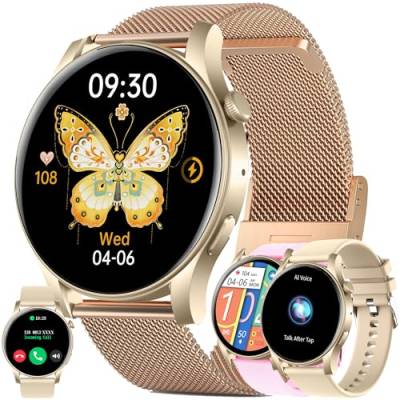 Smartwatch Damen mit Telefonfunktion, 1,43” AMOLED Fitnessuhr mit 100+ Sportmodi, Pulsmesser, Schlafmonitor, Schrittzähler, Fitness Tracker kompatibel mit Android/IOS, 3 Armband, Geschenk Damen (Gold) von LWEARKD