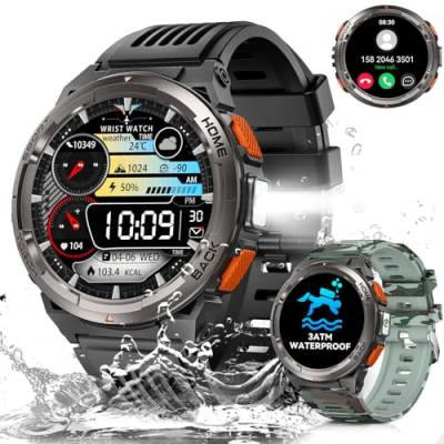 Smartwatch Herren mit Telefonfunktion, 1,45" 3ATM Wasserdicht Militär Smartwatch mit LED Taschenlampe, Robuste Outdoor Uhren mit Kompass, Höhe, Barometer, 24H Gesundheits-Screening für Android iOS von LaNikar