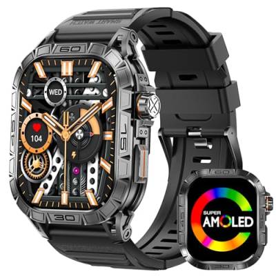 Smartwatch Herren mit Telefonfunktion, 1,96" AMOLED Großes Display Militär Smartwatch, Robuste Outdoor Uhren mit 24H Gesundheits-Screening, Herzfrequenz, 100+ Sportmodi Fitnessuhr für Android iOS von LaNikar