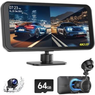 4K Dashcam Auto vorne Hinten Kabellos mit 6,25 Zoll Carplay Bildschirm, Dash Kamera für Auto mit 1080p-Rückfahrkamera, GPS Navigation, Musik/Video abspielen, 24H Parküberwachung, 64GB SD-Karte von Lamto