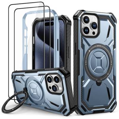 Lanhiem für iPhone 15 Pro Hülle mit 2 Stück Panzerglas, 360° Ring Ständer Schutzhülle, Militärischer Stoßfest Handyhülle für iPhone 15 Pro Case, Blau von Lanhiem
