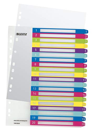 Leitz A4 Register, Trennblätter, Beschriftbares Deckblatt,WOW, Mehrfarbig (Zahlen 1-20 | 10er Pack) von Leitz