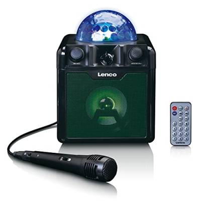 Lenco BTC-055 Karaoke Anlage - Bluetooth Lautsprecher - Lichteffekte - integrierter Akku - USB Eingang - Mikro SD Kartenleser - Mikrofon - Fernbedienung - schwarz, BTC-055BK von Lenco