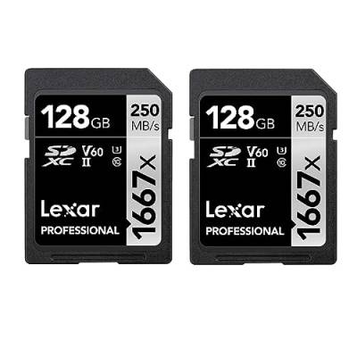 Lexar Professional 1667x SD Karte 128GB 2er-Pack, Speicherkarte SDXC UHS-II, Bis zu 250 MB/s Lesen, Class 10, U3, V60, SD für Professionelle Fotografen, Videofilmer, Enthusiasten (LSD1667128G-B2NAA) von Lexar