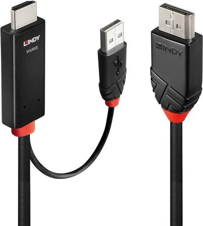 Lindy - Adapterkabel - HDMI, USB (nur Strom) männlich zu DisplayPort männlich - 1,0m - abgeschirmt - Schwarz - rund, aktiv, Support von 4K 60 Hz (41498) von Lindy