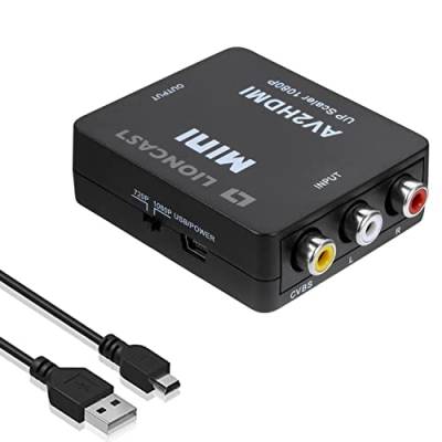 Lioncast RCA auf HDMI Adapter | AV 2 HDMI Konverter AV zu HDMI Adapter Unterstützung 1080P mit USB Ladekabel Schutzhülle für PC/Nintendo/Xbox/PS4/PS3/TV/STB/VHS/VCR/Kamera/DVD(Schwarz) von Lioncast