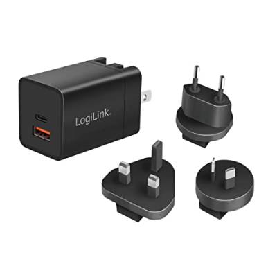 LogiLink GaN (Galliumnitrid) USB-Schnelllade-Reiseadapter 30 W, PD3.0 + QC3.0, mit Adaptern für USA, Kanada, Europa, Australien und vielen Anderen Ländern/Regionen von Logilink