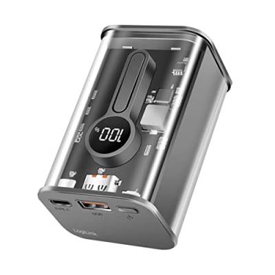 LogiLink Powerbank 10000 mAh mit 7-Fach Schutz, 1x USB-C mit PD (Power Delivery 3.0) & 1x USB-A mit QC (Quick Charge 3.0), mit Display, transparentes Design von Logilink