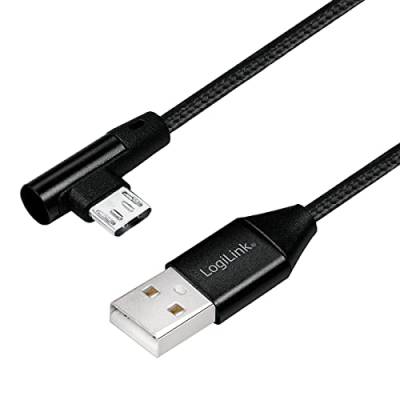 USB 2.0 Anschlusskabel, USB (Typ A) zu Micro-USB 90° abgewinkelt, schwarz, 1m von Logilink